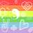 Pixelated icon with rainbow background featuring white symbols and text labels on solid pink sections.