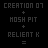 Pixel art displays five variations of 'CREATION 07' with changing text colors and symbols above 'NOSH PIT + RELENT K =', ending with 'AWESOMENESS' in green at the bottom
