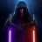 Pixelated figure in dark hooded cloak holding purple and red lightsabers against blue gradient background.
