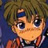 Pixelated anime-style character with brown hair, blue eyes, and a red-and-white striped shirt against a dark blue background.