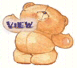 Animated brown teddy bear with peach cheeks and blue eyes, holding a speech bubble that changes from 'VIEW' to 'BOOK' across frames.