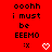 Red background with repeated pixel text 'ooohh i must be EEEMO' and alternating white heart/pink X symbols below each phrase.