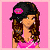 Pixelated character in pink outfit with black cap, holding a bag and posing against solid pink background.
