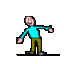 Pixelated animated character in cyan shirt and olive pants performs sequential poses on gray background with black ground line.