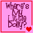 Four pink square with red borders display the text "Where's My Little Dolly?" in dark purple pixelated font, each showing a different heart symbol animation sequence