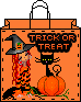 Pixelated orange trick-or-treat bag with witch, black cat, and pumpkin; witch's hair shifts slightly between frames.