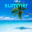 A beach scene with palm trees and blue sky, displaying changing text over time.