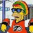 Pixelated character with green and orange hair, blue sunglasses, red shirt, yellow collar, holding a yellow object near a pole.