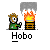 Pixel art of a character in green clothing holding a white object near a burning barrel with smoke, labeled 'Hobo' below.