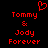 Red pixelated text and heart symbol on black background, displaying 'Tommy & Jody Forever' with a red heart above the names.
