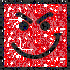 Red pixelated background with white speckles, black curved smile, two black circular eyes, and angled black eyebrows forming a smiling expression.