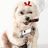A pixelated dog with a red bow on its head holds a cigar, surrounded by changing text blocks in black and white.
