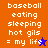 Four display text 'baseball eating sleeping hot gils = my life' with pixelated icons replacing the star in the orange and blue top-left