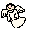 Two pixelated angel figures with white halos and wings, smiling faces, black hair, and white robes against a gray background.