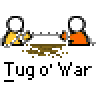 Animated contact sheet showing 11 frames of a pixel art tug-of-war animation with two stick figures pulling a rope on a gray background.