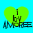 Four identical green heart-shaped icons with black text 'i loy AMOREE' on a cyan background, arranged in a