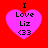 Four identical pink heart-shaped icons with black text "I Love Liz <33" on a red background, arranged in a