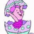 Pixelated character with pink skin and purple hair wearing a green-and-purple hat, smiling against white background; bright pink on right displays "I <3 Piglet" text