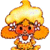Pixelated cartoon character with yellow mushroom-shaped head, orange body, and red cheeks in a static single-frame image.