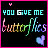 A 6-frame animated contact sheet of a buddy icon with text "YOU GIVE ME butterflies" on black background, featuring pixelated hearts and small pink dots in various positions across frames.