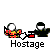Pixelated animation of two figures holding a hostage, with sequential fire effects and text below.
