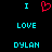 Pixelated cyan text "I" and red heart symbol above cyan "LOVE" and "DYLAN" on black background.