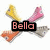 Four distinct text overlays on a static cross of colored bone shapes: Bella, Loves, Converse!, and an empty space.