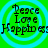 Four identical circular icons with cyan rings on a bright green background, each displaying 'Peace Love Happiness' text in black pixelated font.