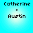 Four identical pixelated text icons arranged in a on a light blue gradient background, each displaying 'Catherine + Austin' with black blocky font