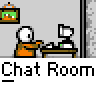Animated contact sheet showing a pixel art character interacting with a computer across multiple frames, including chat window displays at the bottom.