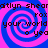 Pixelated spiral background with blue and pink hues, overlaid with repeated text fragments in dark brown pixelated font.