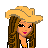 Pixel art contact sheet of a cowgirl-themed animated icon showing multiple frames with character poses, clothing details, and text elements.