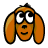 Pixelated orange dog face with large white eyes, black pupils, and a small black nose; long floppy ears extend downward from the head.