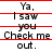 Static image of text with red horizontal lines crossing through each line, displaying 'Ya. I saw you Check me out.' repeated three times in a