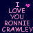Pixelated text reads "I LOVE YOU RONNIE CRAWLEY" in pink on dark blue, with animated heart and dot patterns changing above the first line.