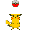 Yellow cartoon mouse with red cheeks and black-tipped tail stands beneath red-and-white spherical object, which changes from closed to open states across frames.