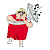 Pixelated cartoon character in red shorts and white shirt holding a large gray satellite dish, with motion blur on the left side of the dish.