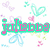 Pixelated graphic with 'Julie' text in pink and teal, surrounded by pastel hearts and butterflies on white background.