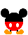 Pixel art of a character with black mouse ears, red shorts with white buttons, and orange shoes; the head is raised to reveal a brown-haired face.