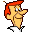 Pixelated cartoon character with red hair, yellow skin, and a mustache pointing right on gray background.