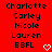 Red background with black pixelated text listing names and an abbreviation, two white heart icons at bottom right.