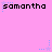 Pixelated text 'samantha' repeated three times on top and bottom against a pink background with blue star accents