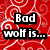 Red background with white swirls, multiple 'Coming...' and 'Bad wolf is...' text blocks, and a black-and-white wolf silhouette on a moon.