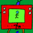 Red retro TV with green screen showing stick figure holding blue flower, blue antenna, four silver knobs, brown legs, black text below, green background.