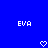 Blue background with white pixelated text 'EVA' on left and right, two heart symbols below center.