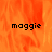 A static image with orange flame-like background and three instances of the text 'maggie' in black pixelated font.