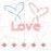 Pixelated icon with two heart outlines above pink text reading 'Love' on a light background, five small dots below.