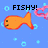 Pixelated orange fish with red outline swims left against blue background, surrounded by light blue bubbles and pink curved shape.