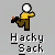 Pixel art character in yellow shirt and brown pants holding black object, with 'Hacky Sack' text below, on gray background.
