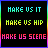 Animated sequence of pixelated text icons with changing symbols and color variations on a black background.